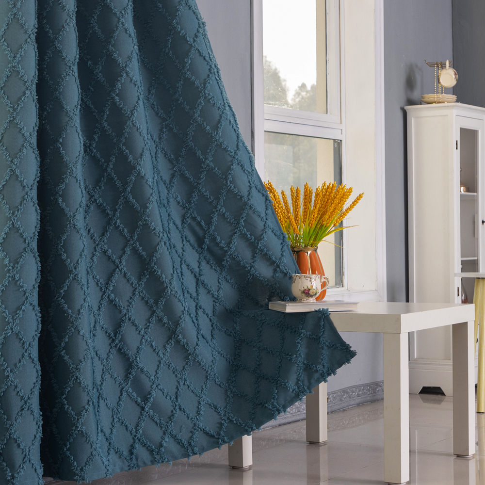 Cut Velvet Semi-Blackout Curtain with Textured Diamond Pattern - Thumbnail 4