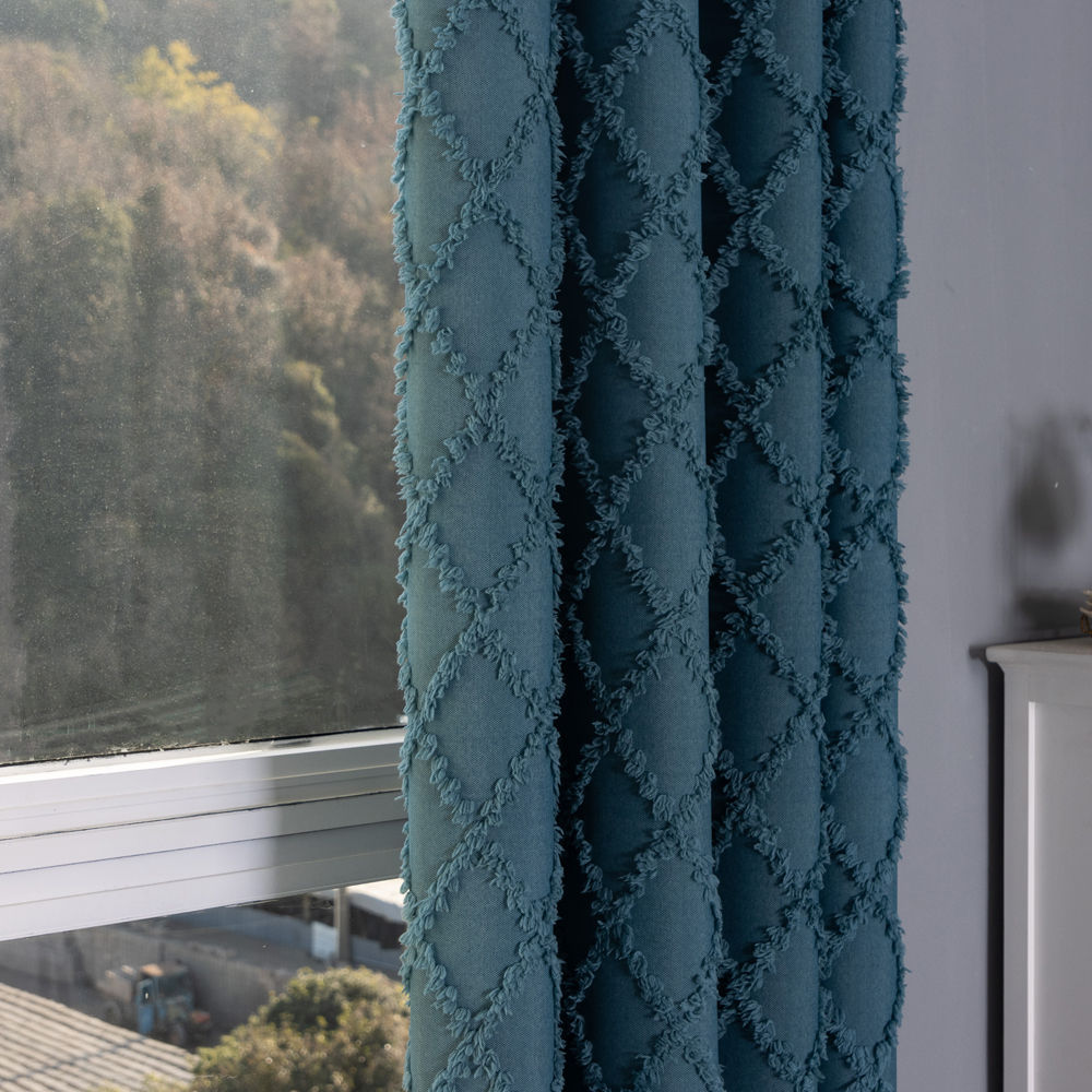 Cut Velvet Semi-Blackout Curtain with Textured Diamond Pattern - Thumbnail 5