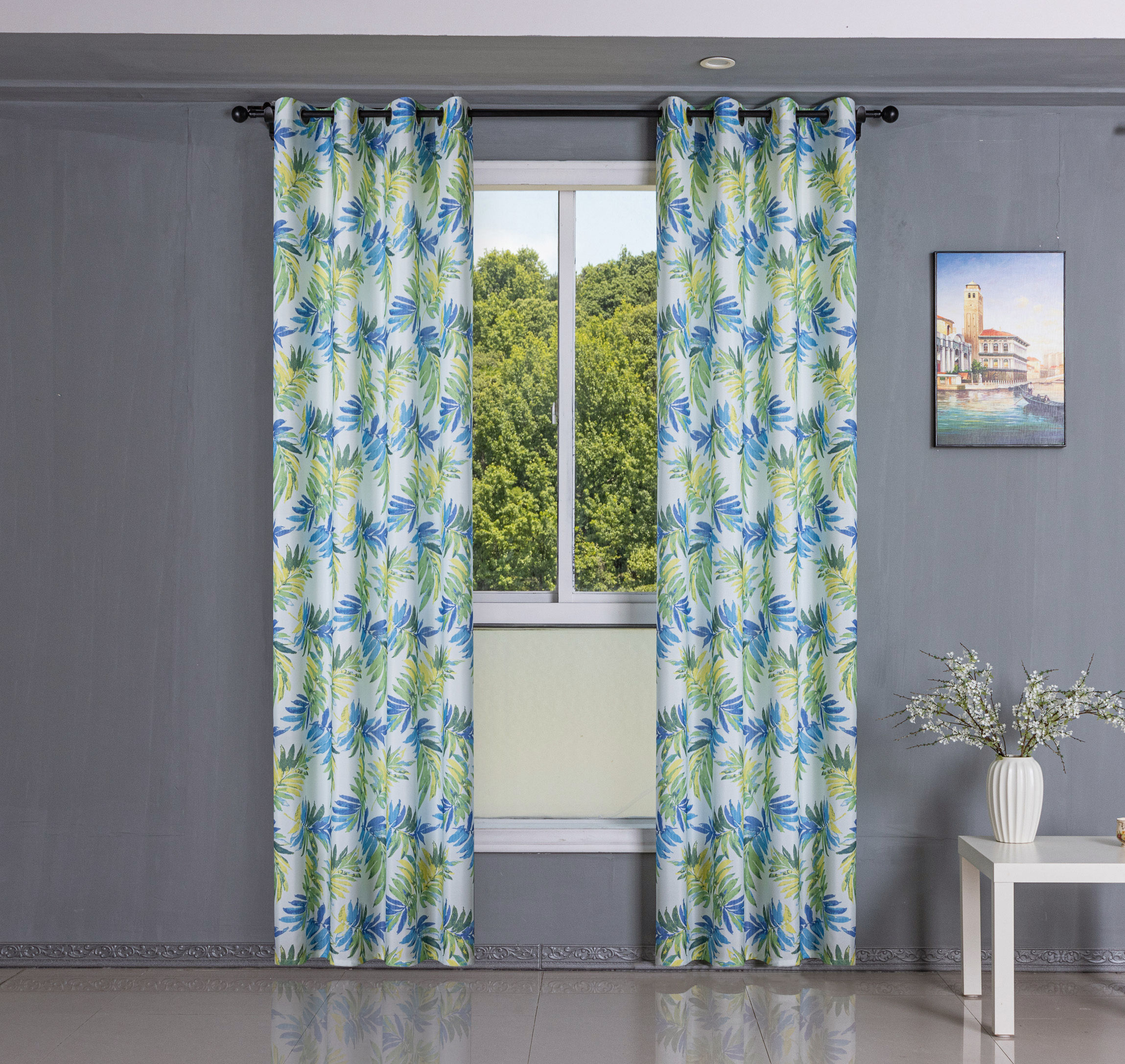 Tropical Blue & Green Leaf Printed Curtain Fabric – Decorative Home Textile Panel - Image 1