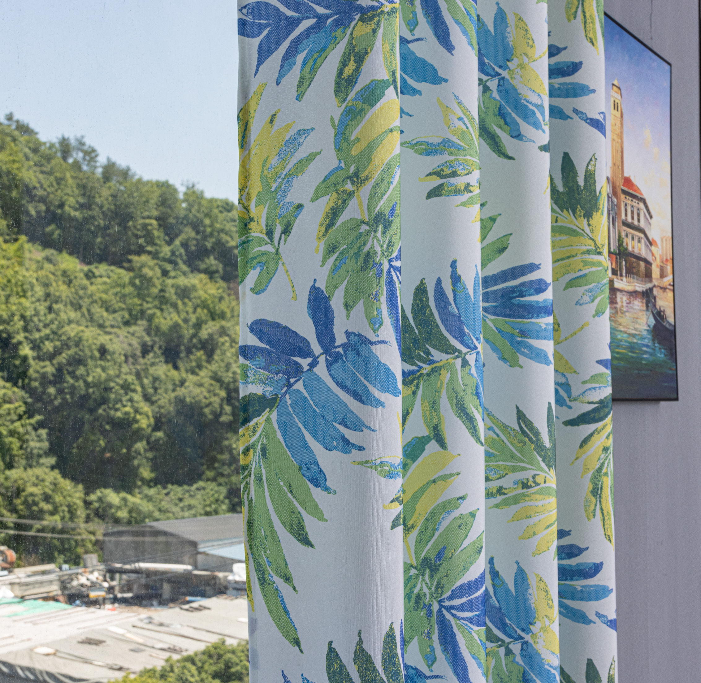 Tropical Blue & Green Leaf Printed Curtain Fabric – Decorative Home Textile Panel - Thumbnail 2