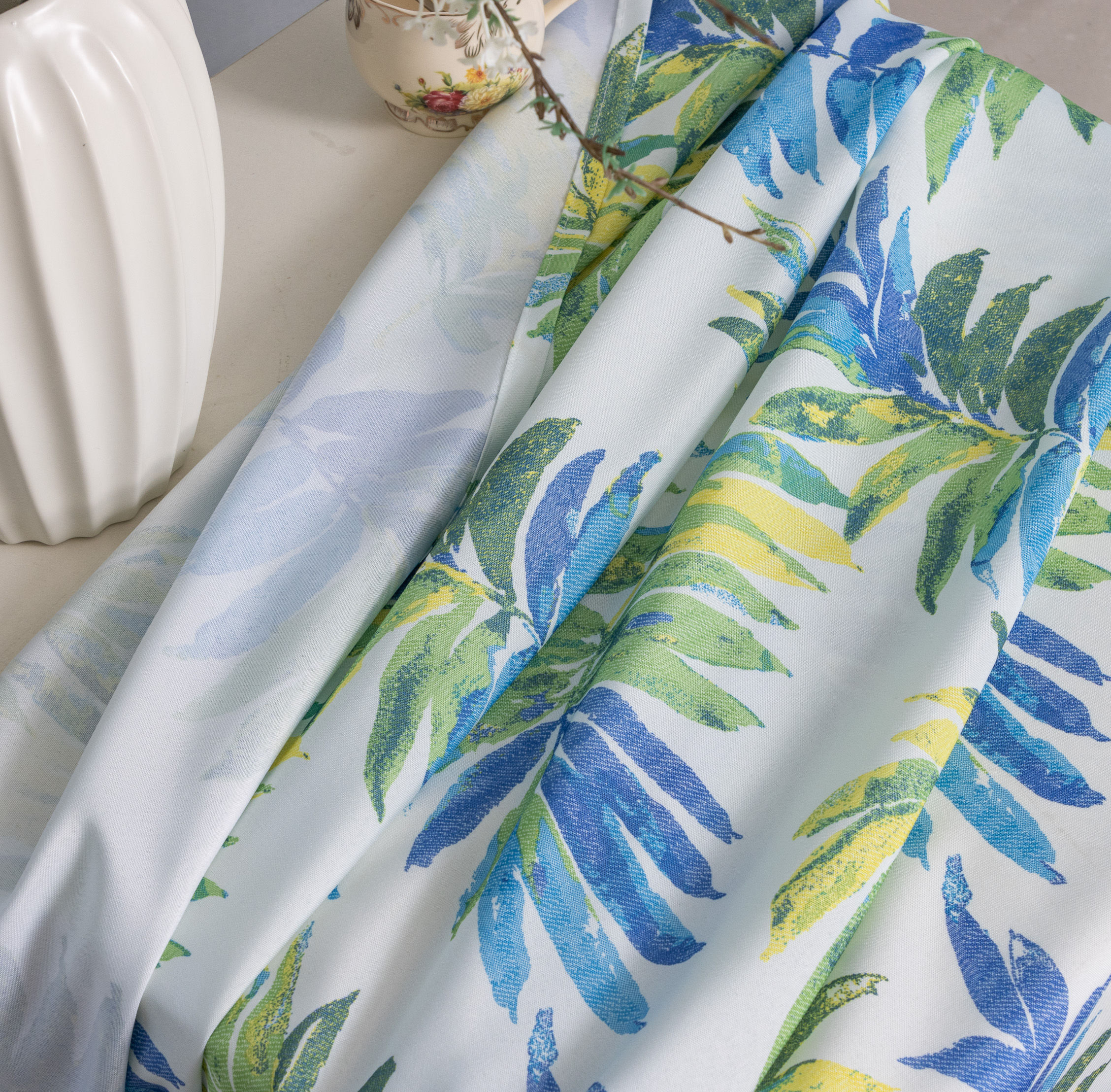 Tropical Blue & Green Leaf Printed Curtain Fabric – Decorative Home Textile Panel - Thumbnail 4