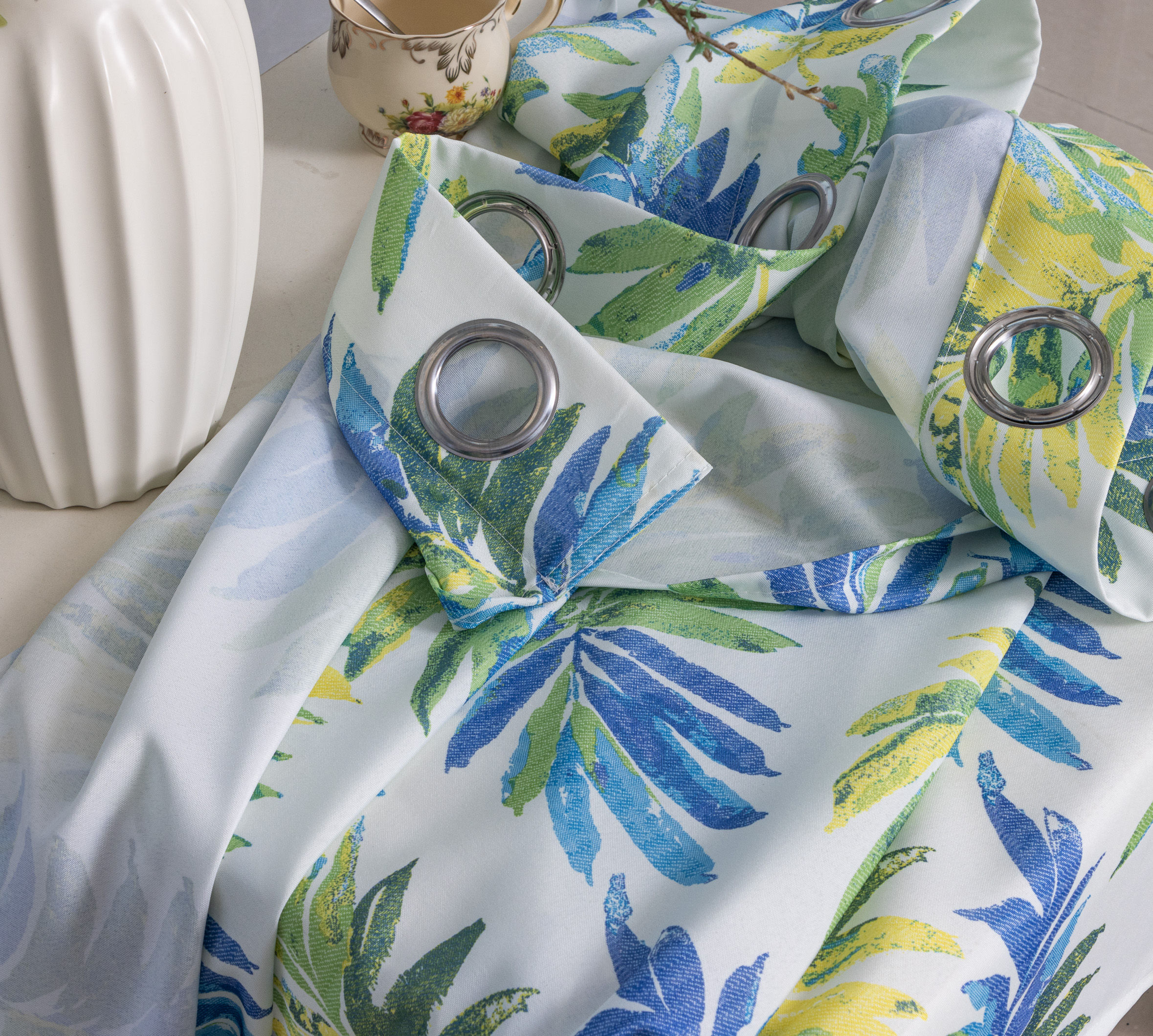 Tropical Blue & Green Leaf Printed Curtain Fabric – Decorative Home Textile Panel - Thumbnail 5