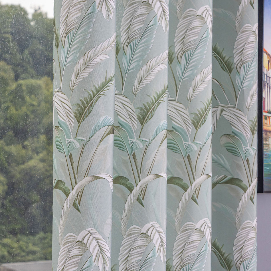 Light Green Tropical Leaf Printed Curtain – 140GSM Semi-Blackout Decorative Drapery for Wholesale - Thumbnail 2