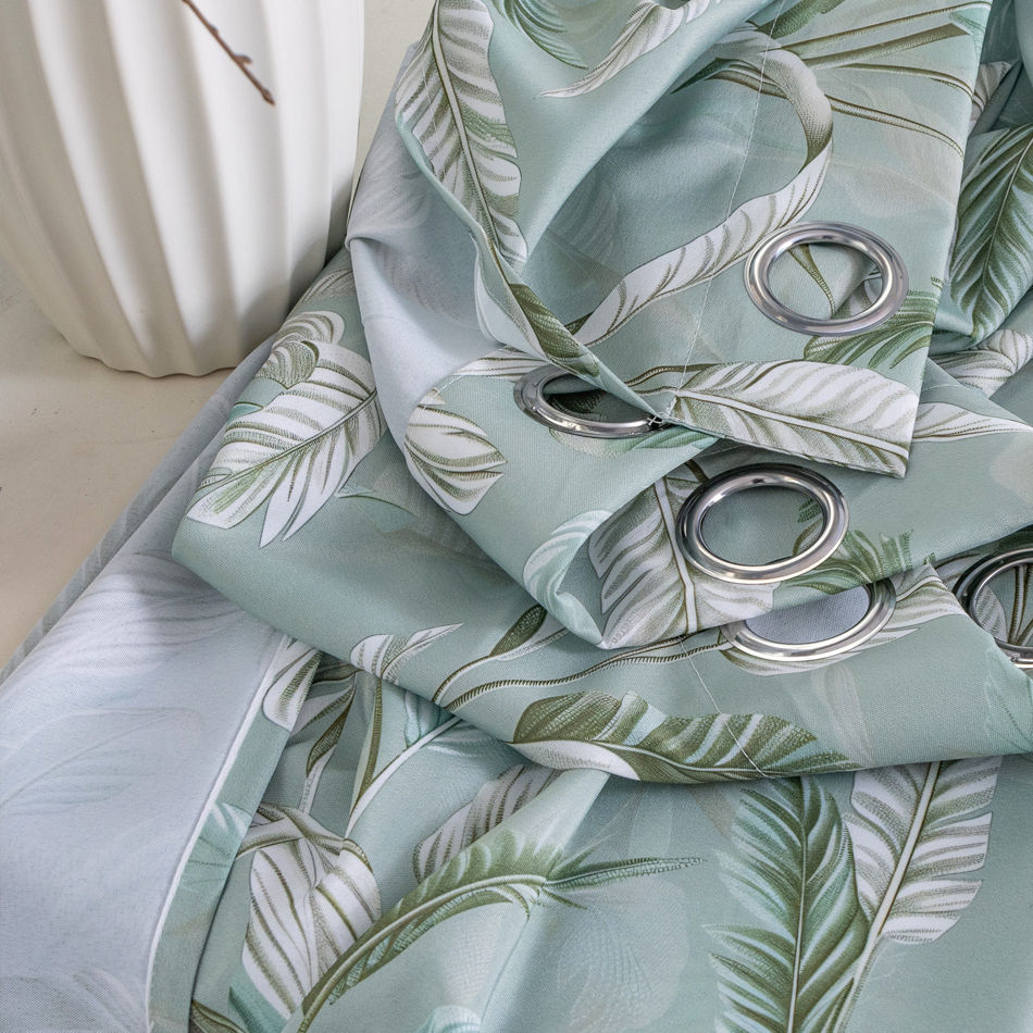 Light Green Tropical Leaf Printed Curtain – 140GSM Semi-Blackout Decorative Drapery for Wholesale - Thumbnail 4