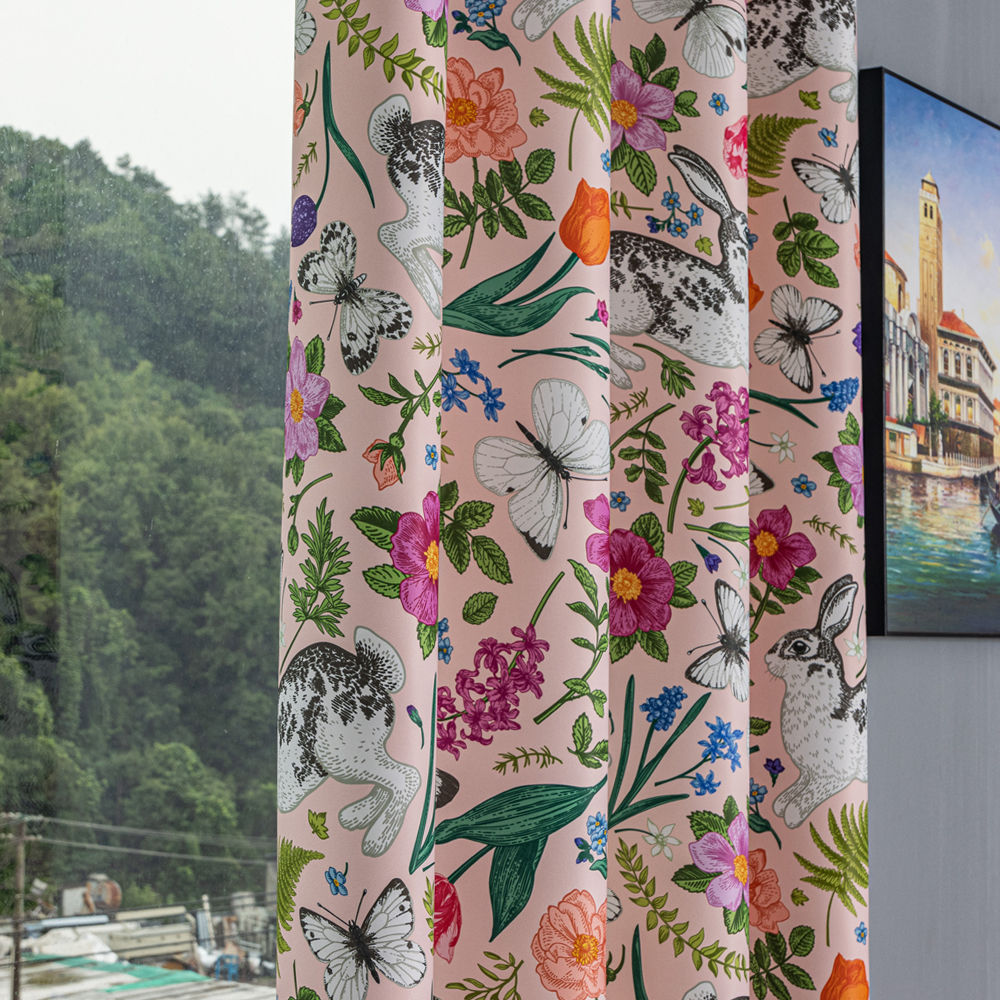 Whimsical Rabbit & Floral Printed Curtain Fabric / Ready-Made Curtains for Wholesale - Thumbnail 2