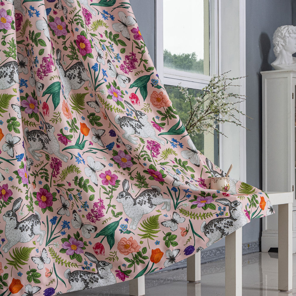 Whimsical Rabbit & Floral Printed Curtain Fabric / Ready-Made Curtains for Wholesale - Thumbnail 3