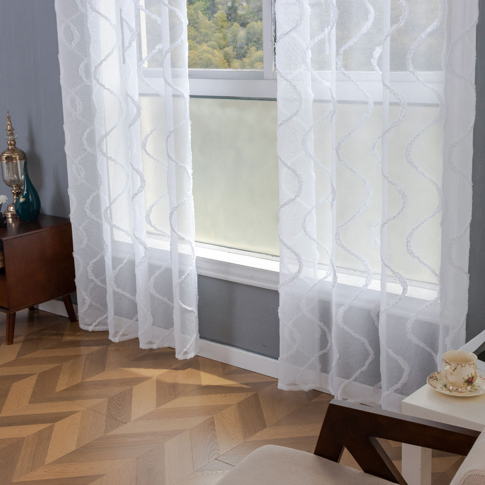 Borige Modern Wave Embroidered Sheer Curtains - Fil-Coupe Textured Voile for Luxury Hospitality & Residential Projects - Thumbnail 3