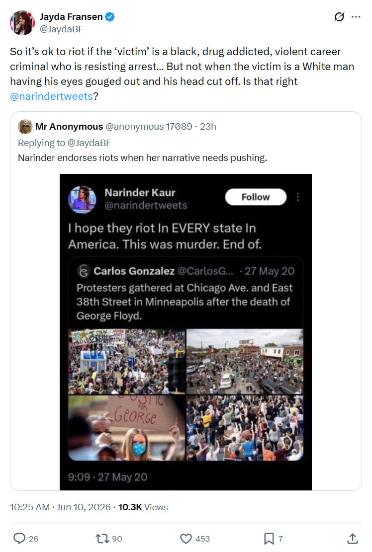 Jayda Fransen: So it’s ok to riot if the ‘victim’ is a black…