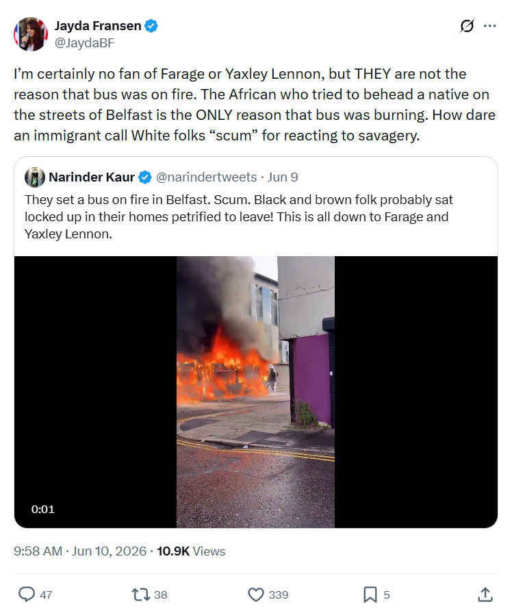 Jayda Fransen: I’m certainly no fan of Farage…