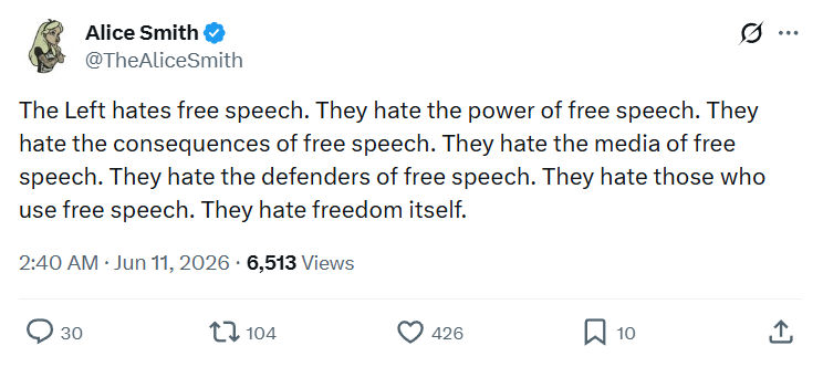 Alice Smith: The Left hates free speech…
