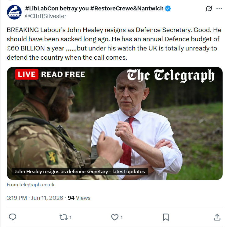 Clr Brian Silvester: BREAKING Labour's John Healey…