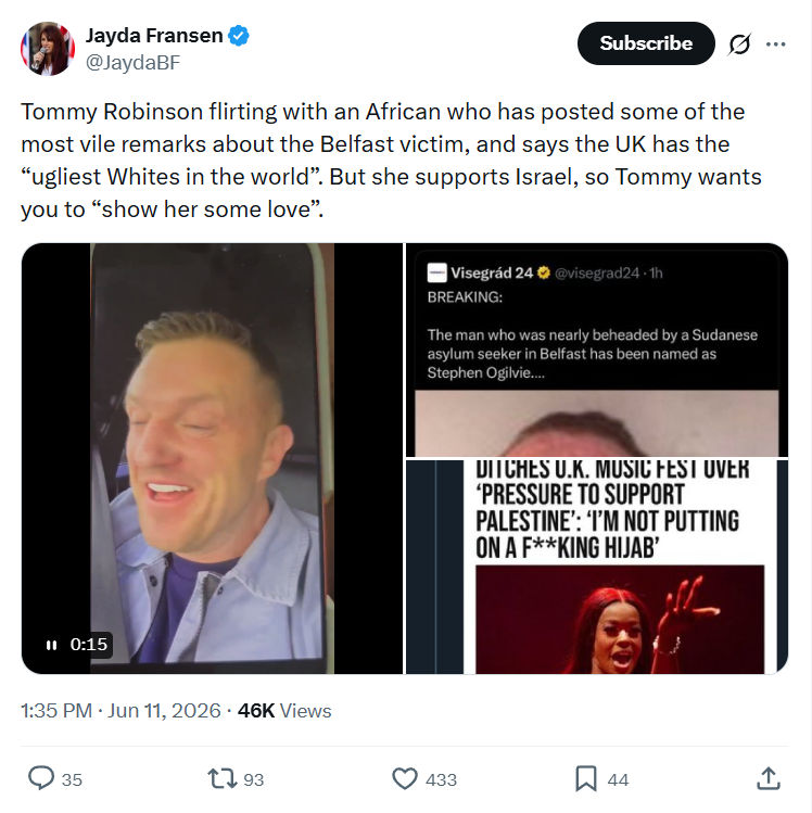 Jayda Fransen: Tommy Robinson flirting with an African…