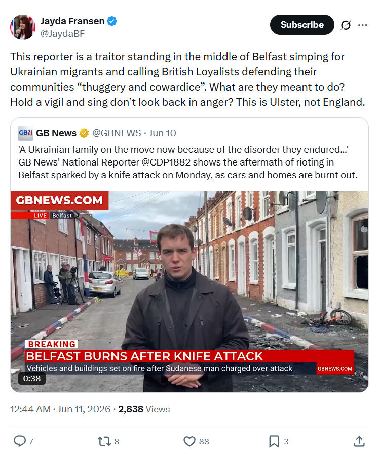 Jayda Fransen: This reporter is a traitor standing…