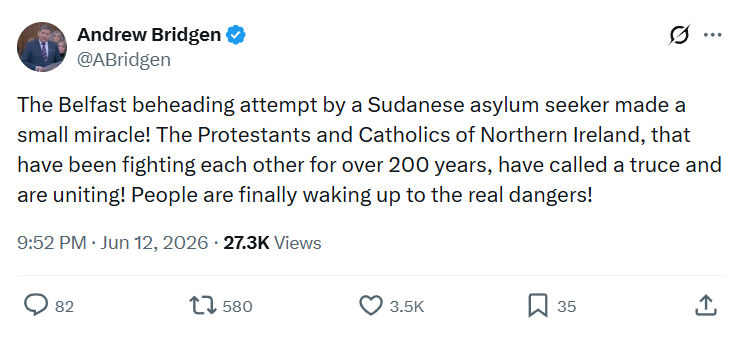 Andrew Bridgen: The Belfast beheading attempt by a Sudanese asylum…