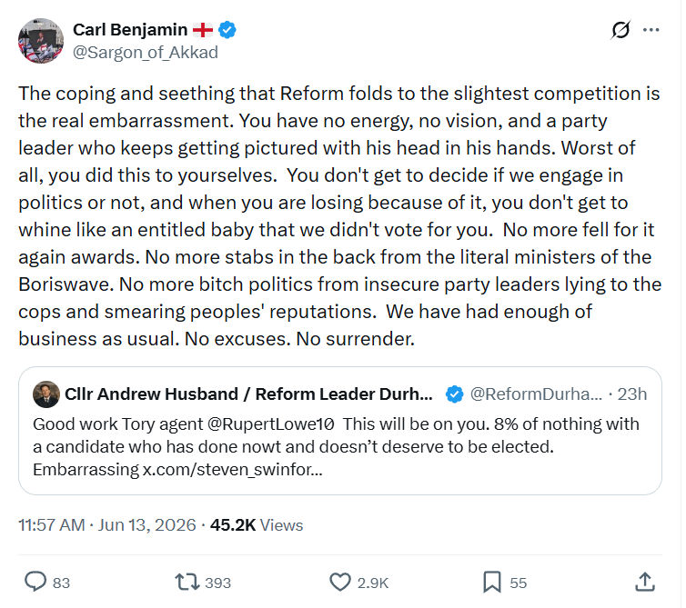 Carl Benjamin: The coping and seething that Reform folds…