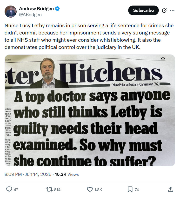 Andrew Bridgen: Nurse Lucy Letby remains in prison...