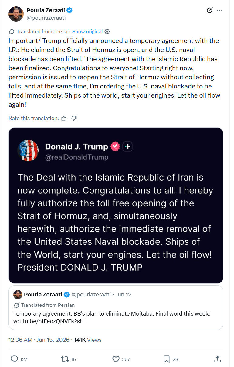 Pouria Zeraati: Important/ Trump officially announced a temporary...