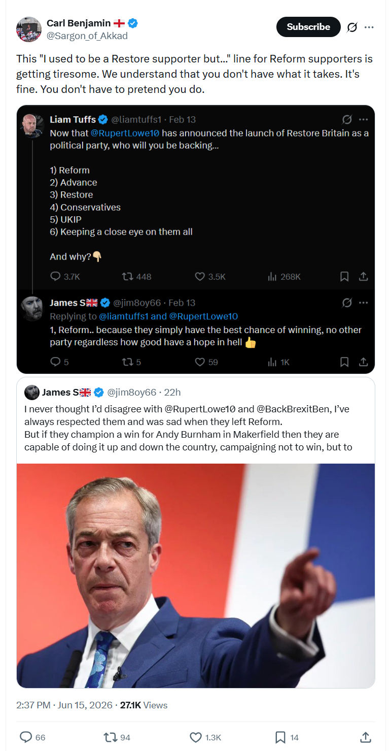 Carl Benjamin: This "I used to be a Restore supporter but...