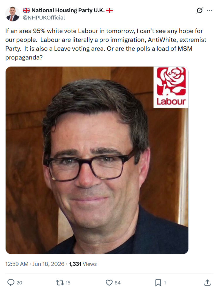 Pat McGinnis: If an area 95% white vote Labour ...
