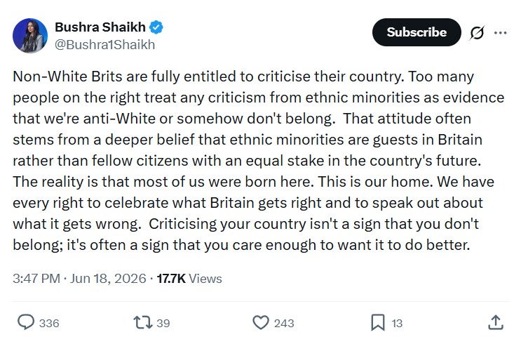 Bushra Shaikh: Non-White Brits are fully entitled...