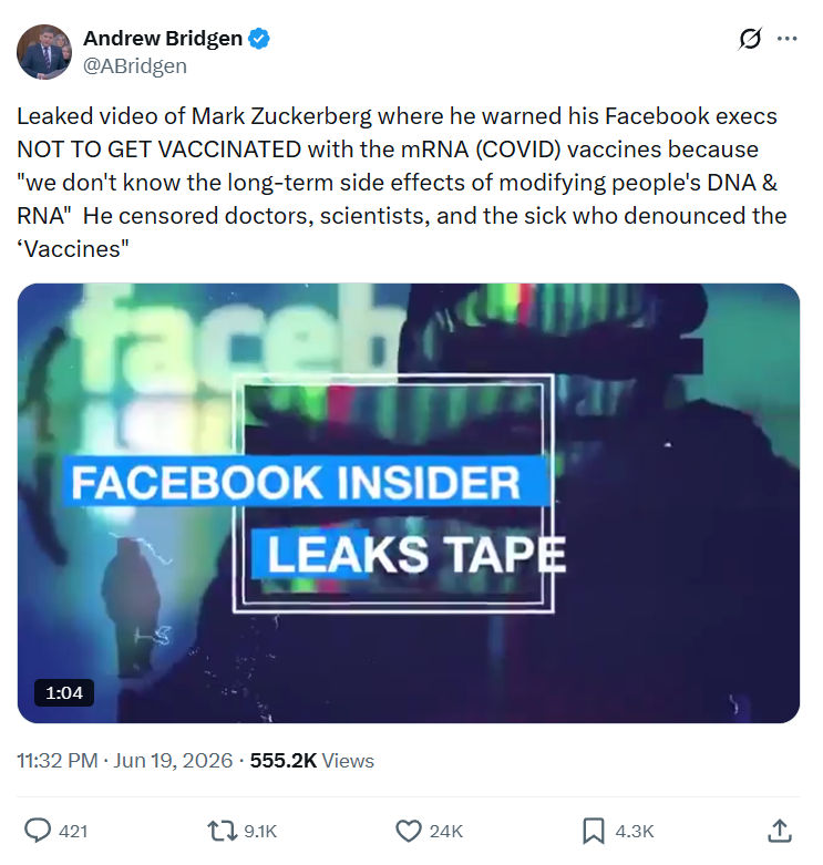 Andrew Bridgen: Leaked video of Mark Zuckerberg where...