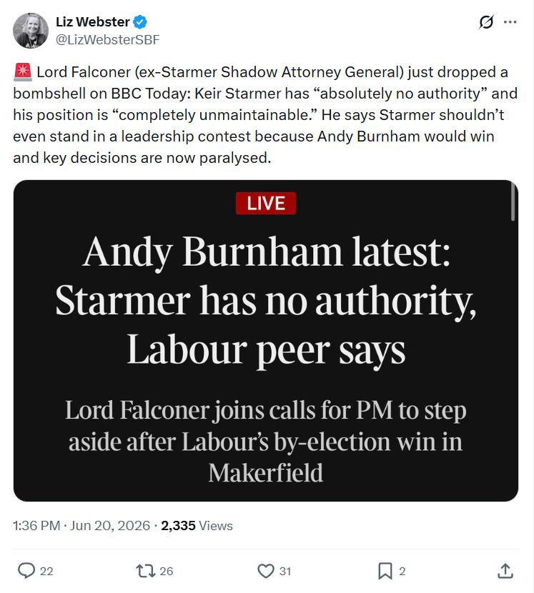 Liz Webster: Lord Falconer (ex-Starmer Shadow Attorney General) just...