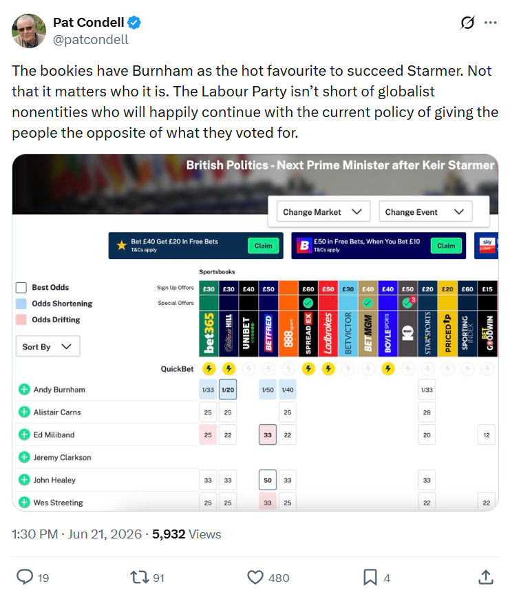 Pat Condell: The bookies have Burnham as the...