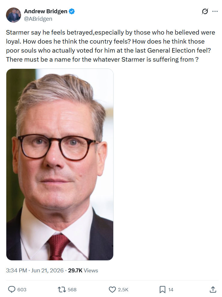 Andrew Bridgen: Starmer say he feels betrayed...