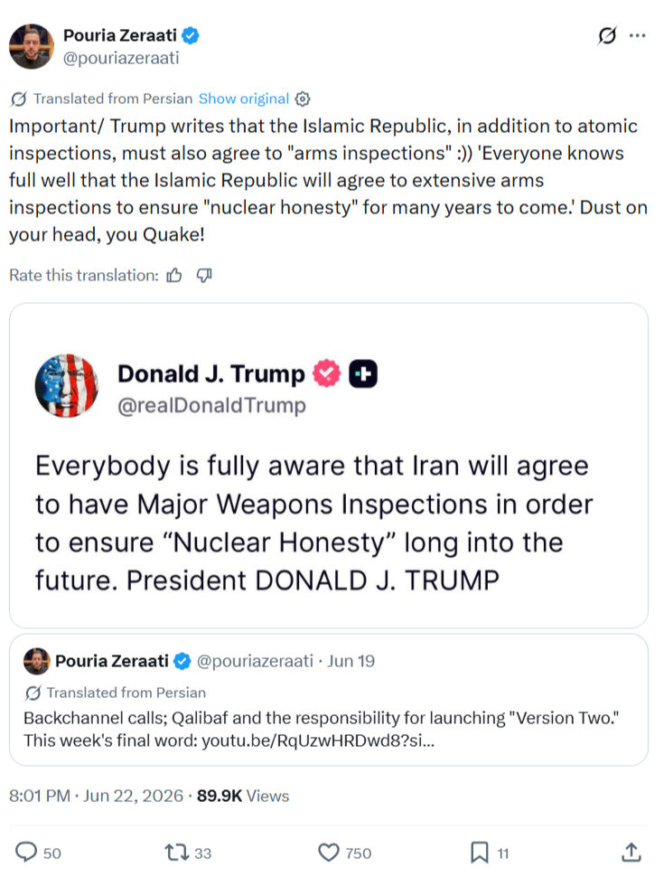 Pouria Zeraati: Important/ Trump writes that the Islamic...