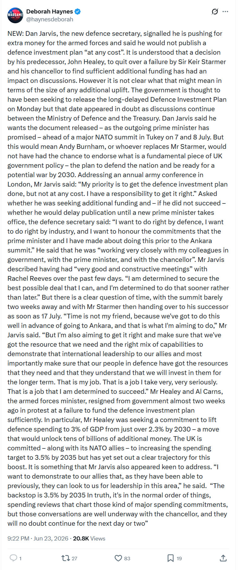 Deborah Haynes:NEW: Dan Jarvis, the new defence...
