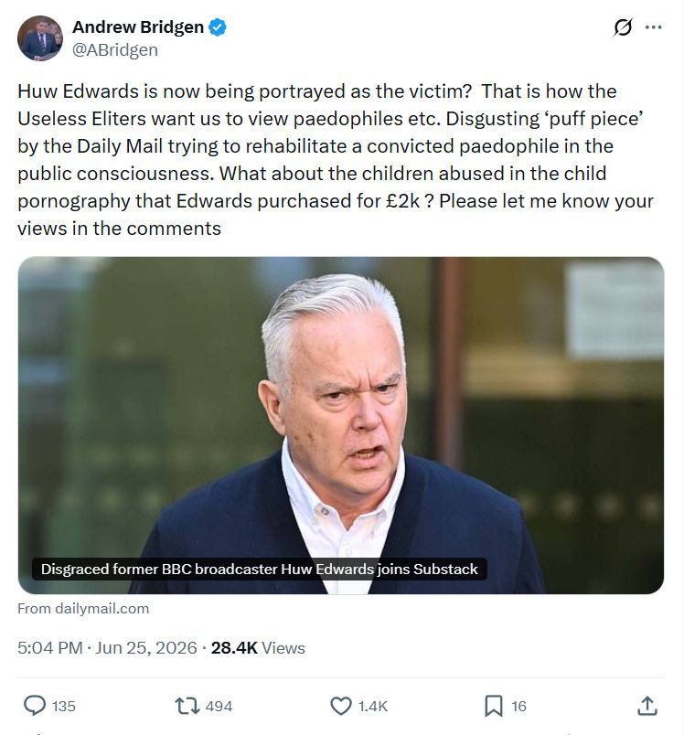 Andrew Bridgen: Huw Edwards is now being portrayed as...