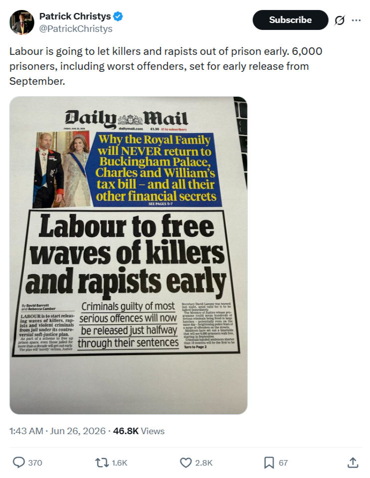 Patrick Christys: Labour is going to let killers and rapists...