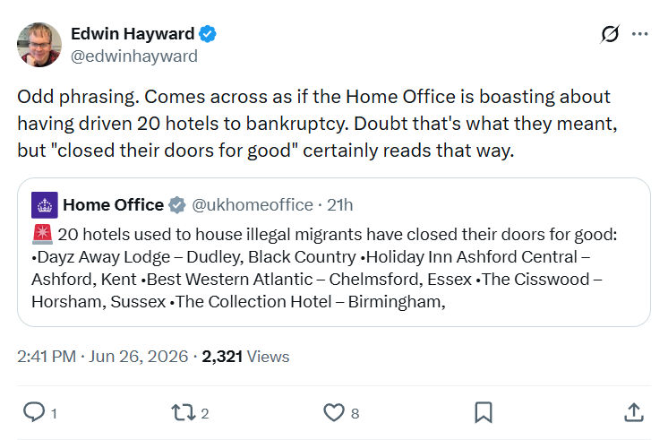 Edwin Hayward: Odd phrasing. Comes across as if the Home...