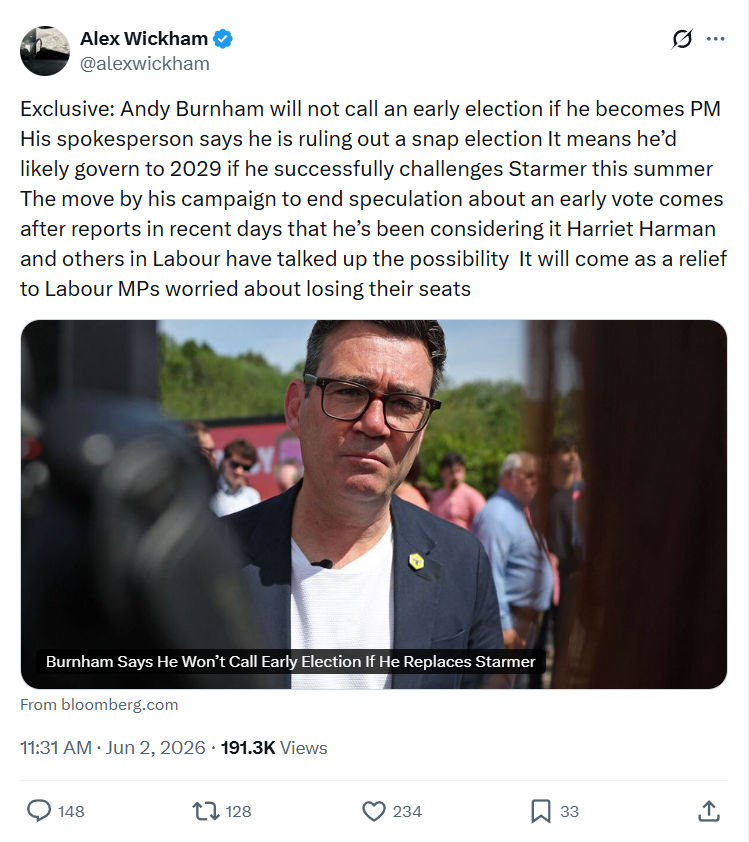 Alex Wickham: Exclusive: Andy Burnham will not call…