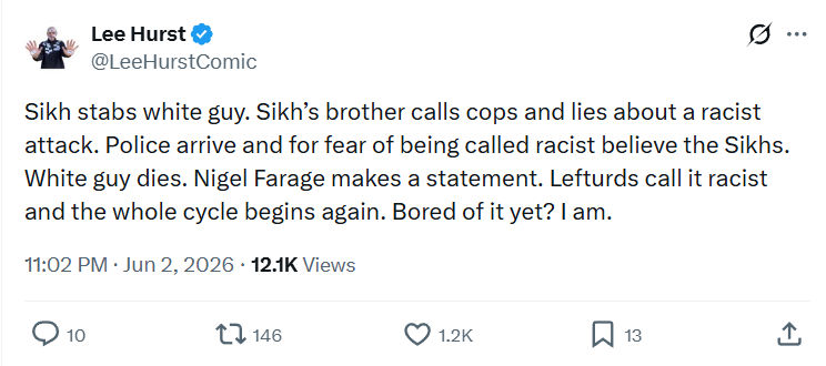 Lee Hurst: Sikh stabs white guy…