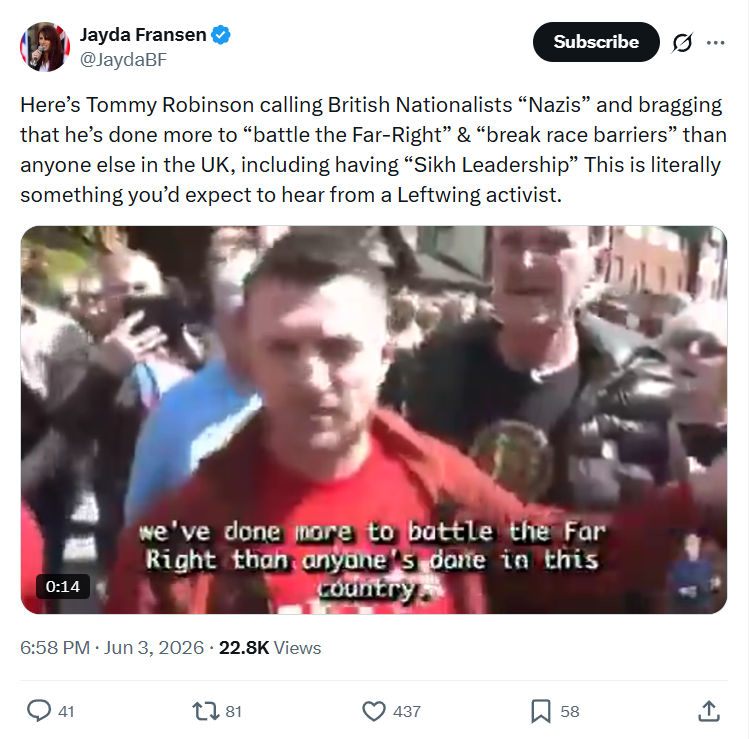 Jayda Fransen: Here’s Tommy Robinson calling British Nationalists “Nazis”…