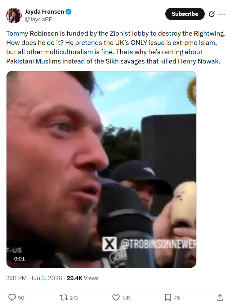 Jayda Fransen: Tommy Robinson is funded by the Zionist…
