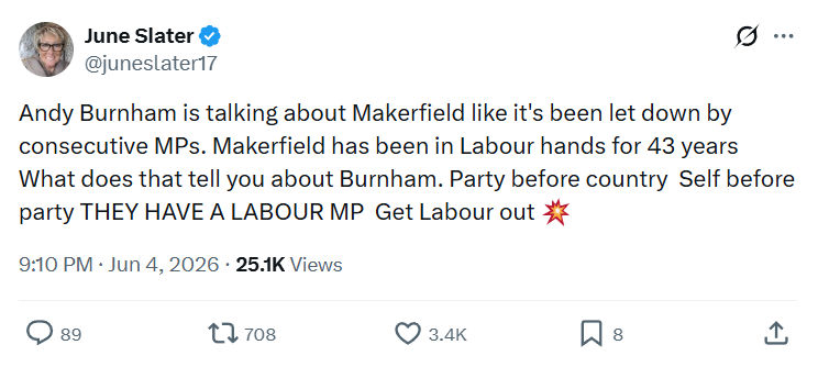 June Slater: Andy Burnham is talking about Makerfield…