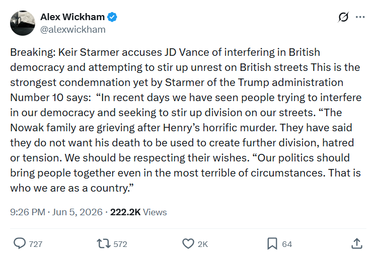 Alex Wickham: Breaking: Keir Starmer accuses JD Vance…