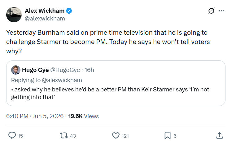 Alex Wickham: Yesterday Burnham said on prime time television…