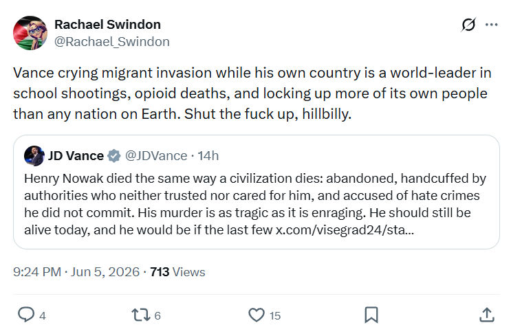 Rachael Swindon: Vance crying migrant invasion…