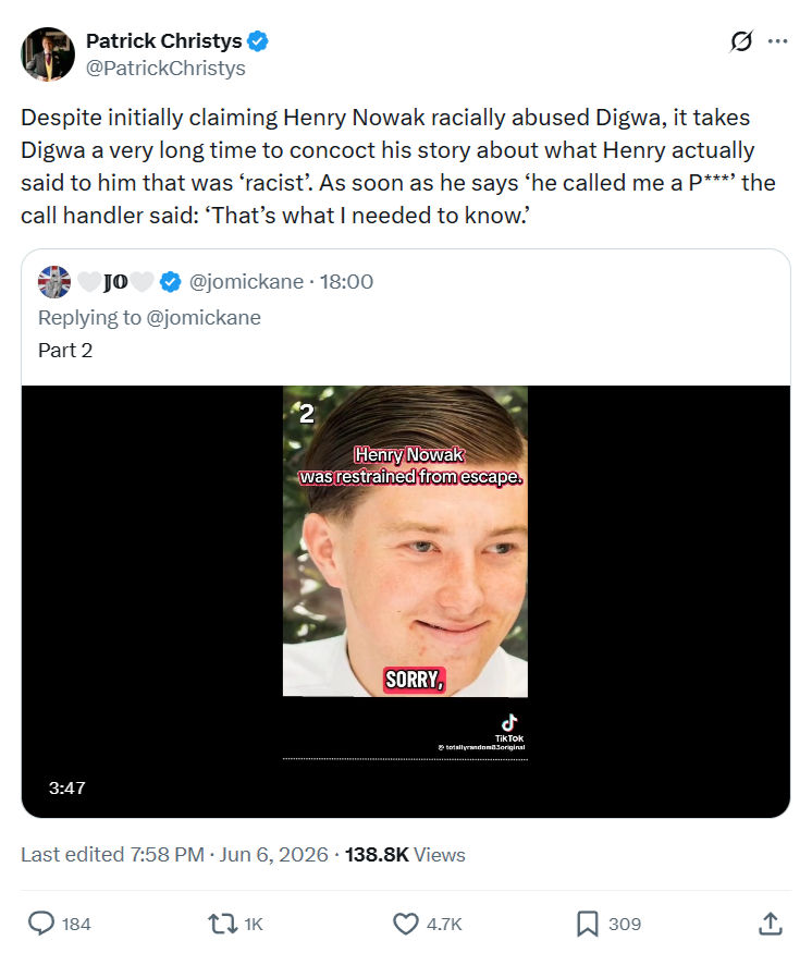 Patrick Christys: Despite initially claiming Henry Nowak…