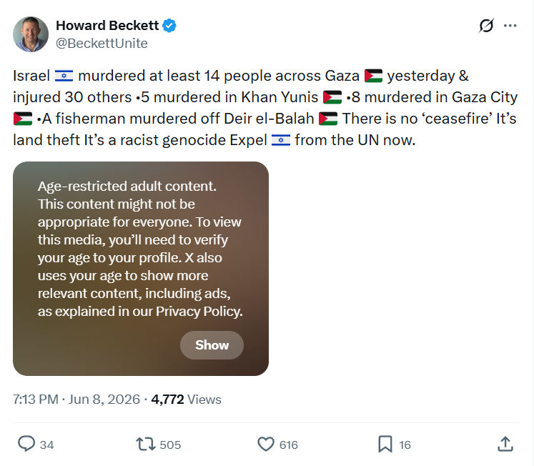 Howard Beckett: Israel murdered at least 14 people…