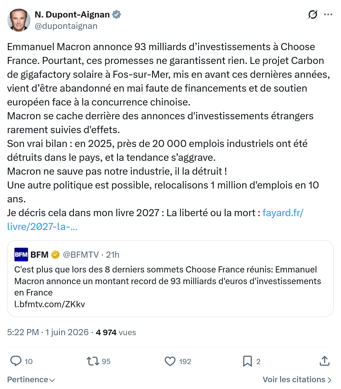Nicolas Dupont-Aignan: Emmanuel Macron annonce 93 milliards d’investissements…