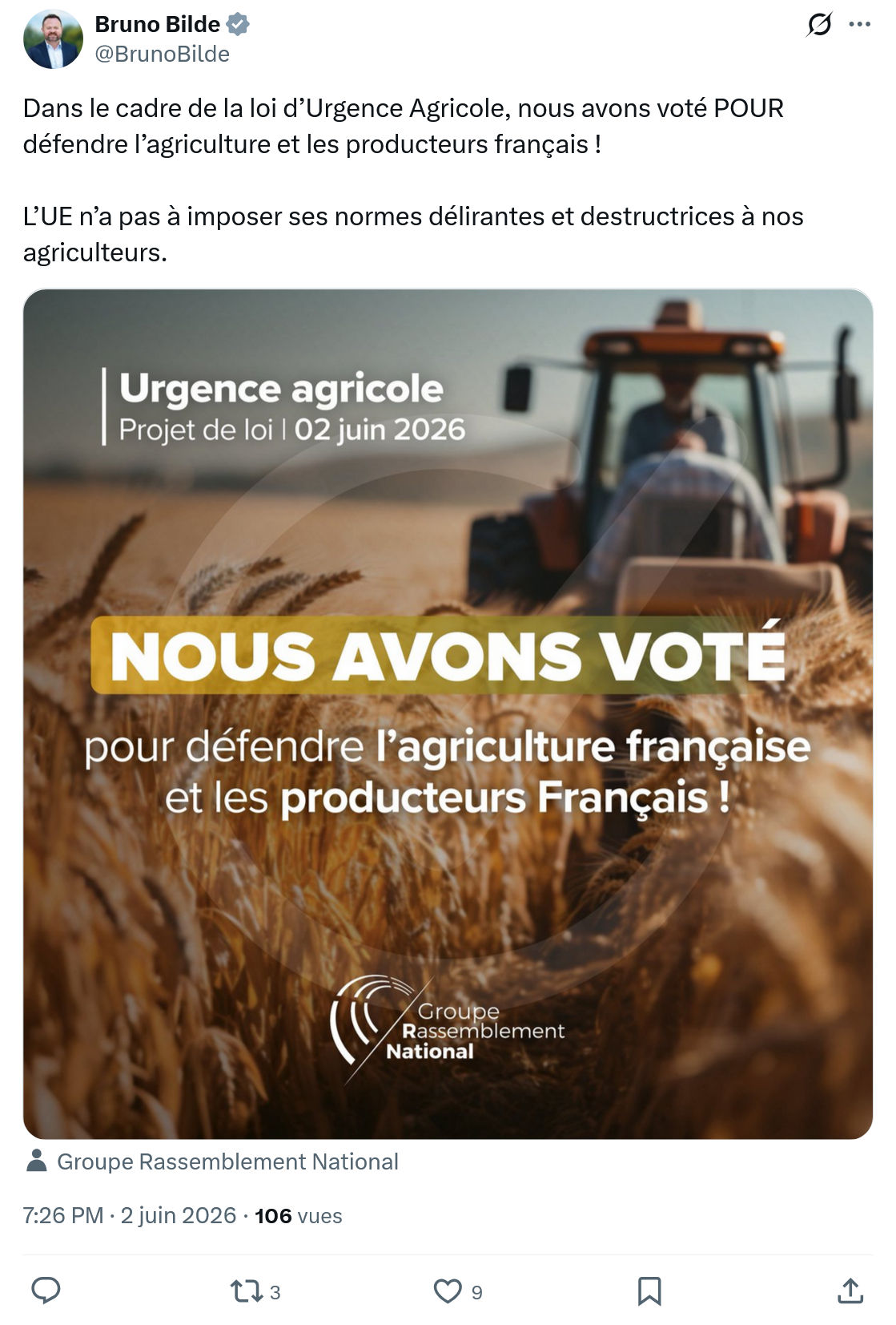 Bruno Bilde: Dans le cadre de la loi d’Urgence Agricole…