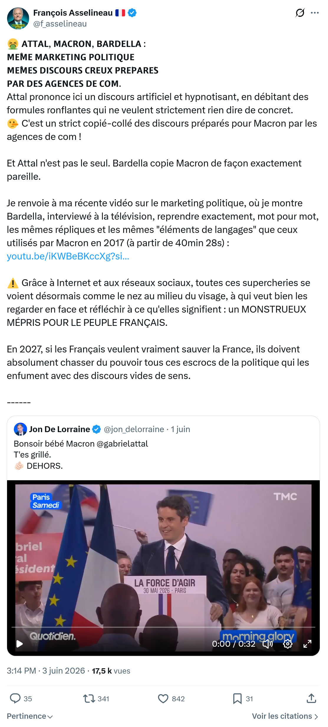 Francois Asselineau: 𝗔𝗧𝗧𝗔𝗟, 𝗠𝗔𝗖𝗥𝗢𝗡, 𝗕𝗔𝗥𝗗𝗘𝗟𝗟𝗔 : 𝗠𝗘̂𝗠𝗘 𝗠𝗔𝗥𝗞𝗘𝗧𝗜𝗡𝗚 𝗣𝗢𝗟𝗜𝗧𝗜𝗤𝗨𝗘…
