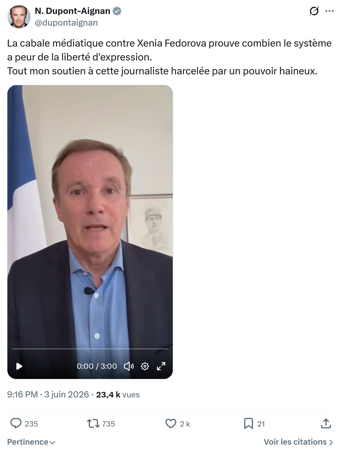 Nicolas Dupont-Aignan: La cabale médiatique contre Xenia Fedorova…