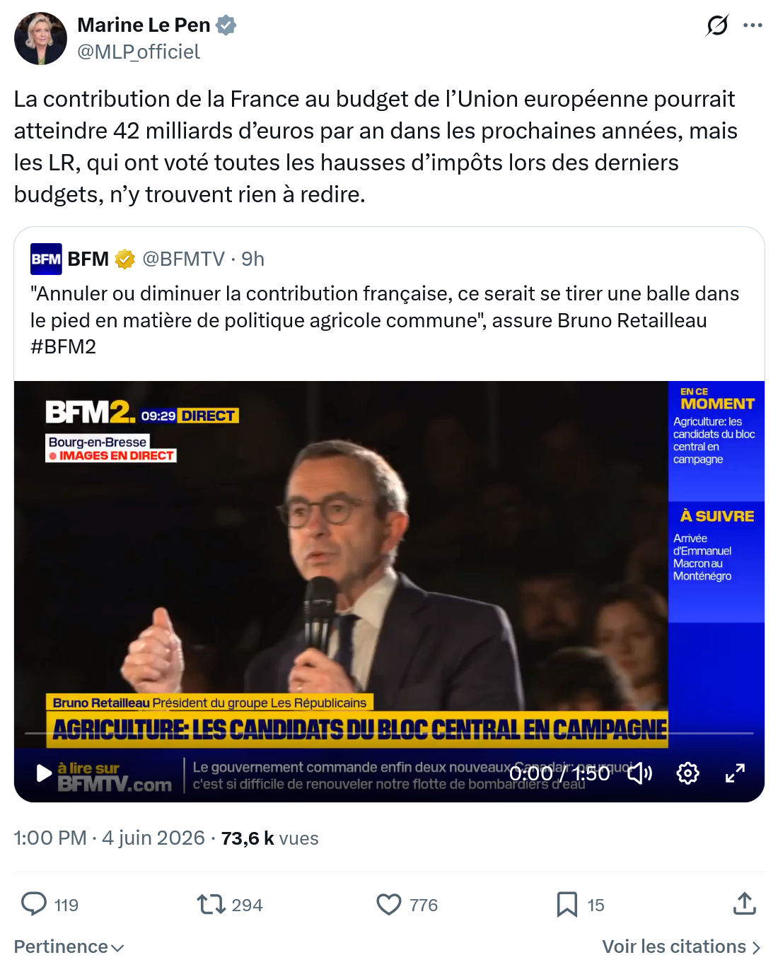 Marine Le Pen: La contribution de la France…