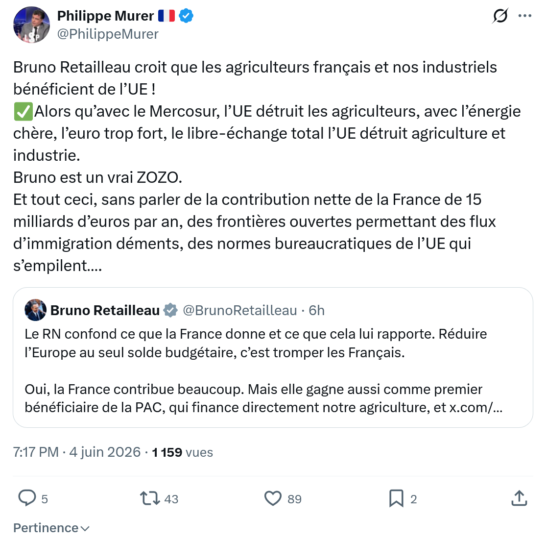 Philippe Murer: Bruno Retailleau croit que les agriculteurs…