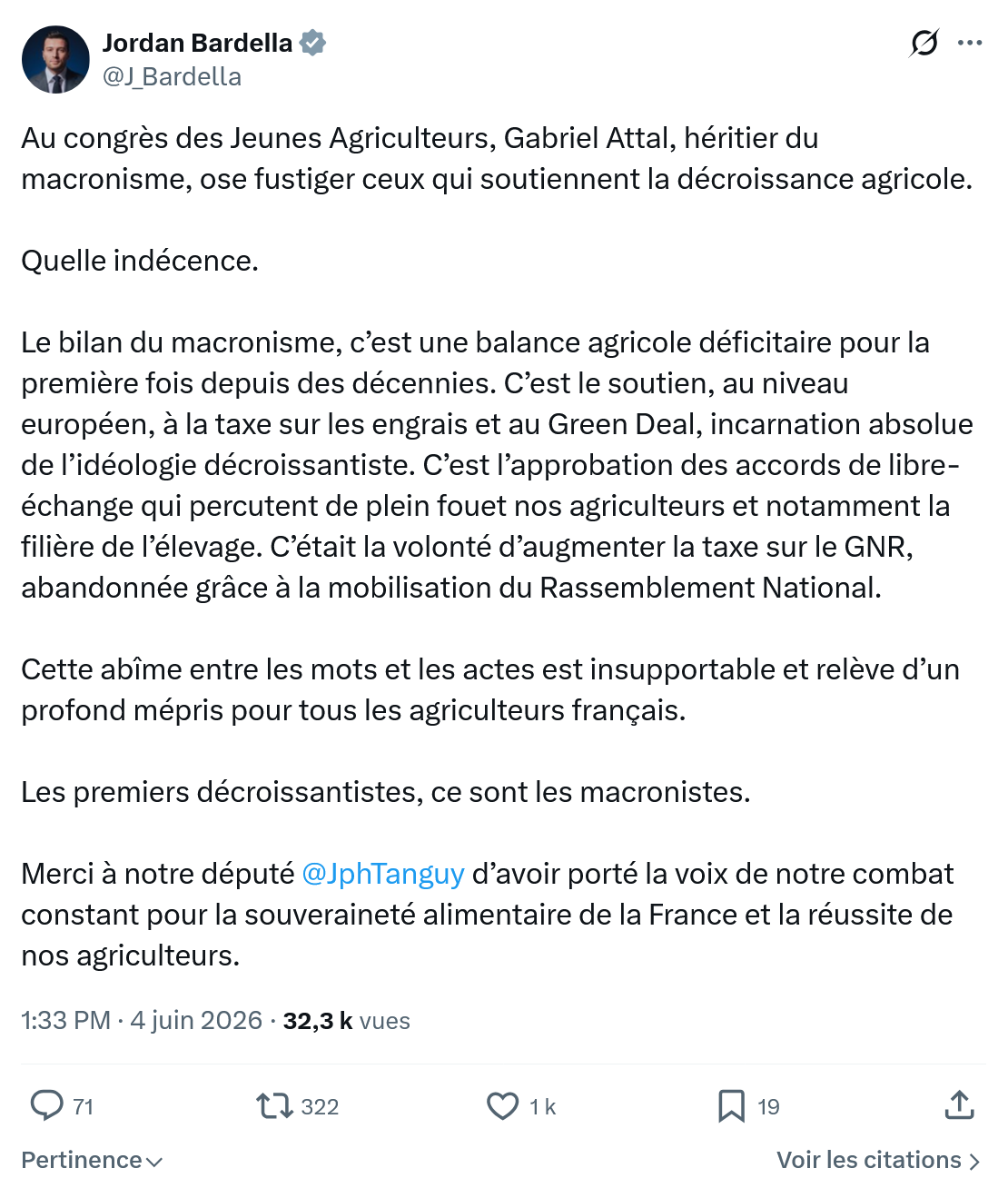 Jordan Bardella: Au congrès des Jeunes Agriculteurs…
